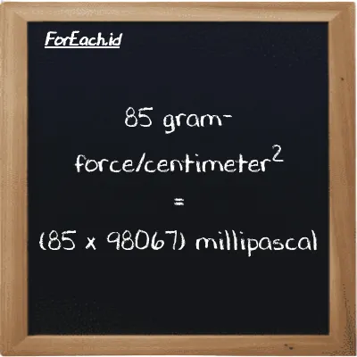 How to convert gram-force/centimeter<sup>2</sup> to millipascal: 85 gram-force/centimeter<sup>2</sup> (gf/cm<sup>2</sup>) is equivalent to 85 times 98067 millipascal (mPa)